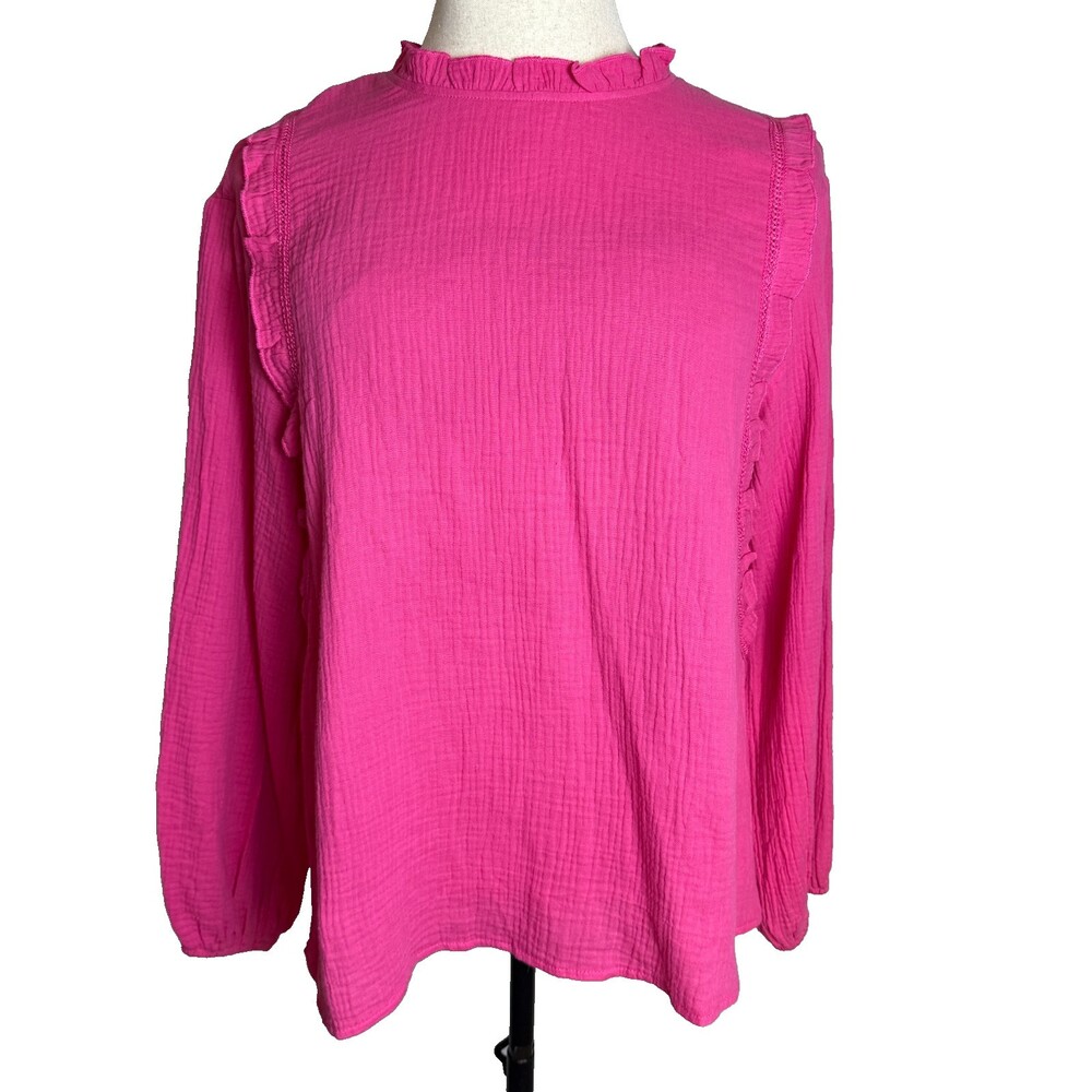 Pretty Garden Chic NWT Bright Pink Gauzy Long Sleeve Blouse Top, Sz L, Ruffles